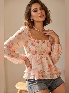 Stella Tweed Girl Floral Smocked Peplum Top